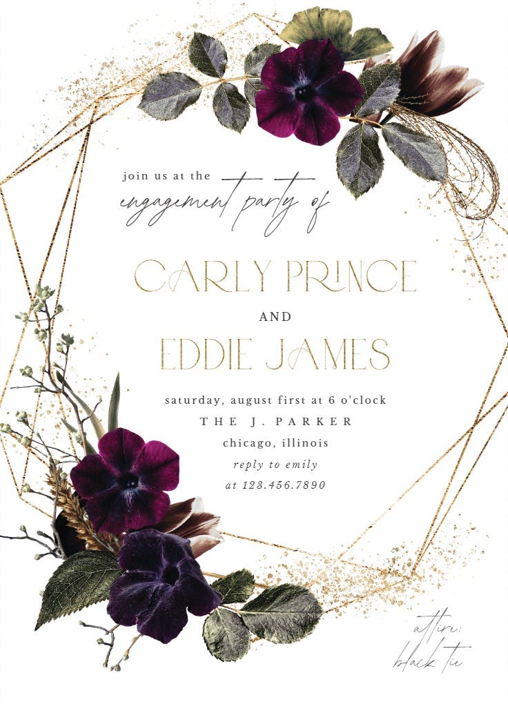 Moody gold flowers - engagement party invitation